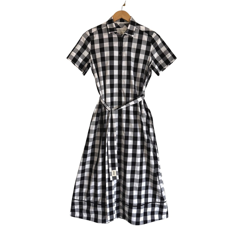 Kate Spade Broome Street Gingham Shirt Dress XS Black White Midi Retro Preppy
